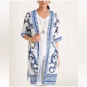 Chico's Kimono Cardigan Women XL 3 Blue White Stretch gauze Open Front Boho